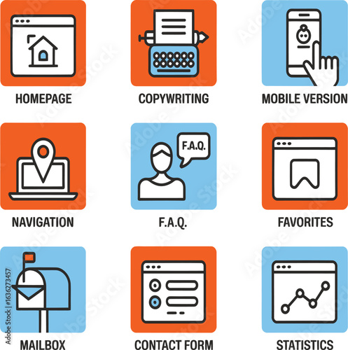 Website essential icons for digital marketing success and user engagement development