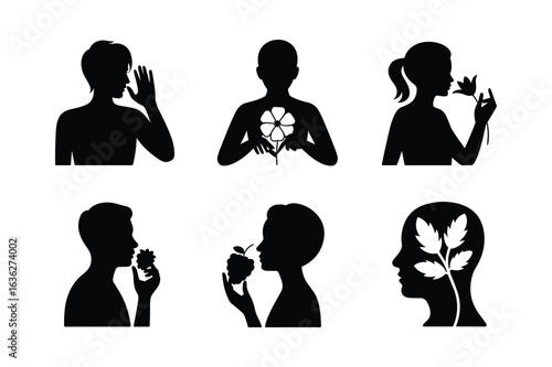 Human silhouettes engaging with nature and senses people flower