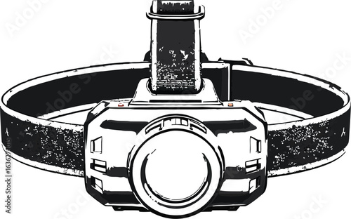 Detailed black silhouette of a headlamp with dual straps and a large circular light, used for hands-free illumination
