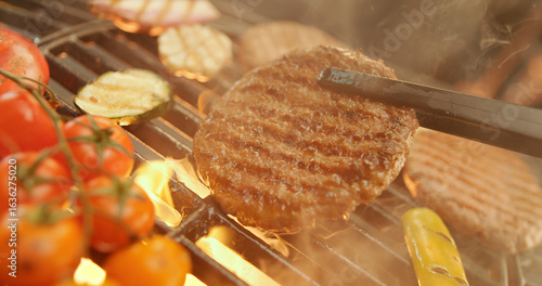 Schilderij op canvas Chef grilling hamburgers and vegetables on flaming barbecue grill