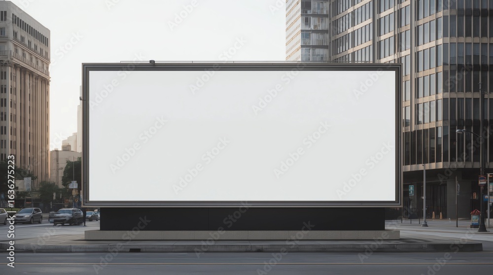Horizontal blank billboard on the city street. In background buildings and road with cars. Mock up Horizontal blank billboard on the city street. In background buildings and road with cars. Mock up