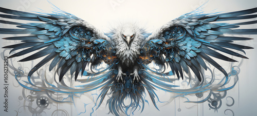 A white cyber phoenix made of metal blue eyes, ai generative