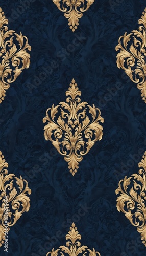 Gold floral ornament pattern on dark blue background. Luxurious baroque design. Classic elegant wallpaper, victorian style. Decorative surface, interior, antique illustration.