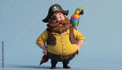 Cartoon 3D pirate character stands with colorful parrot on shoulder. Funny bearded filibuster in hat with skull eyepatch smiles, ready for adventure, treasure hunt. Cute illustration for kids