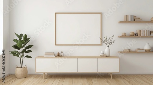 Horizontal blank poster mock up on white wall in interior of contemporary living room