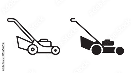 Lawn Mower Icons: Line Art and Solid Black Styles, Simple, Clean, and Modern Design for Landscaping or Gardening Websites and Applications.