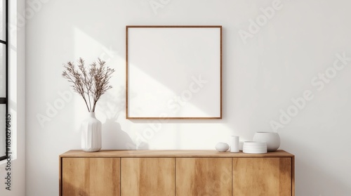 Square poster canvas mockup in modern living room with bureau. 3d rendering