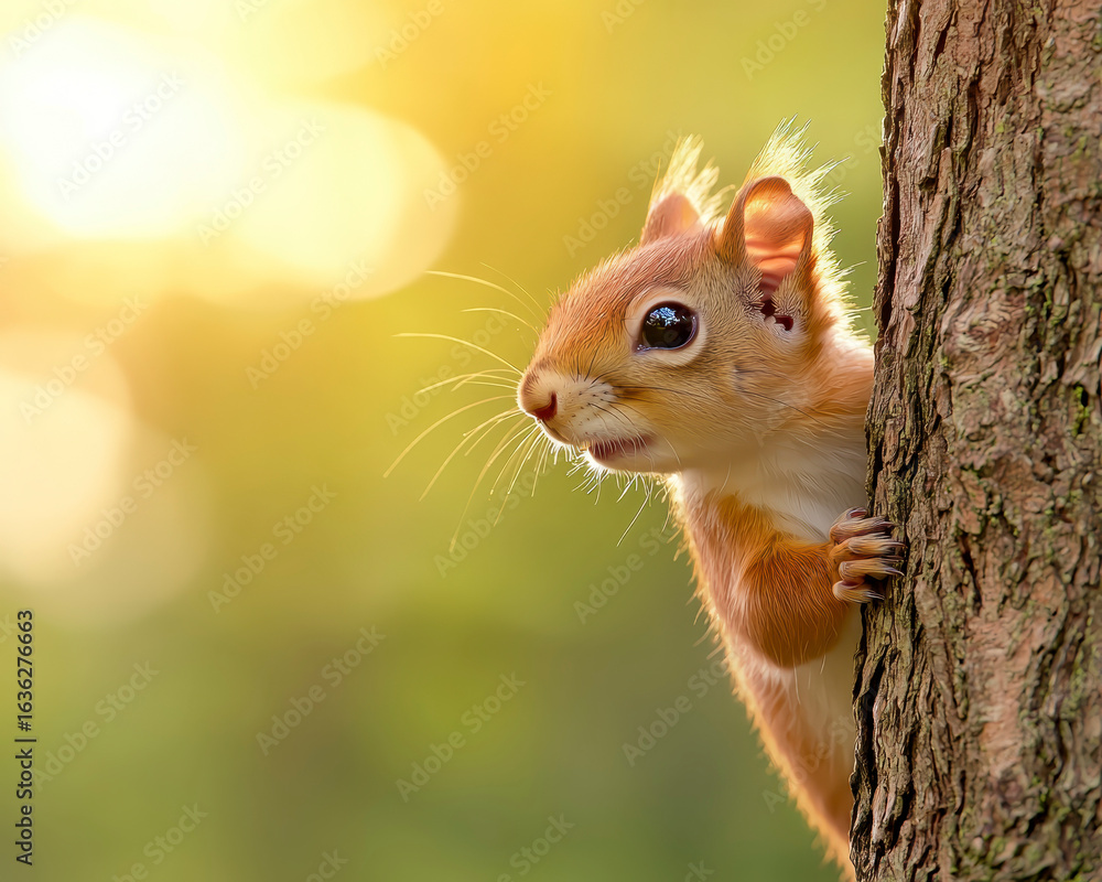 Obraz premium Curious squirrel peeking from behind tree, surrounded by soft, blurred forest background. warm sunlight creates serene atmosphere, highlighting squirrel features and expression