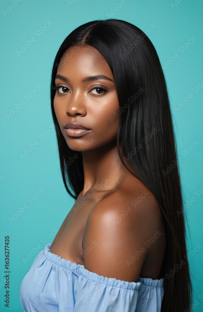 Naklejka premium Vertical portrait of sensual black woman with long straightened black hair, lash extensions in studio. African American beauty in blue top poses looking at camera. Glamour fashion style for
