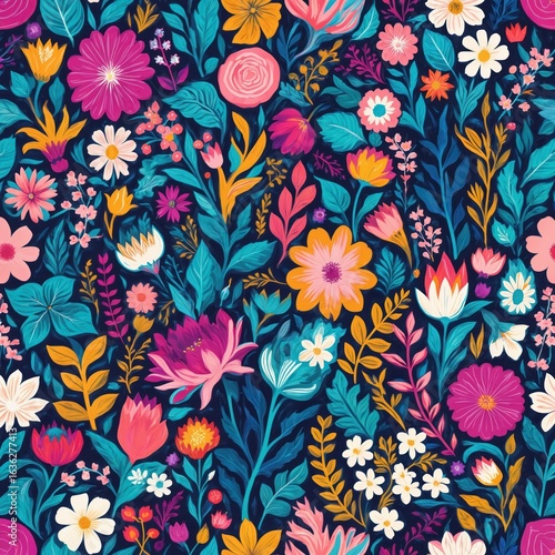 Vibrant floral pattern with pink, blue, yellow flowers. Grid-like arrangement creates order, symmetry. Dark blue background provides stark contrast. Flowers overlap, stand alone, adding depth,
