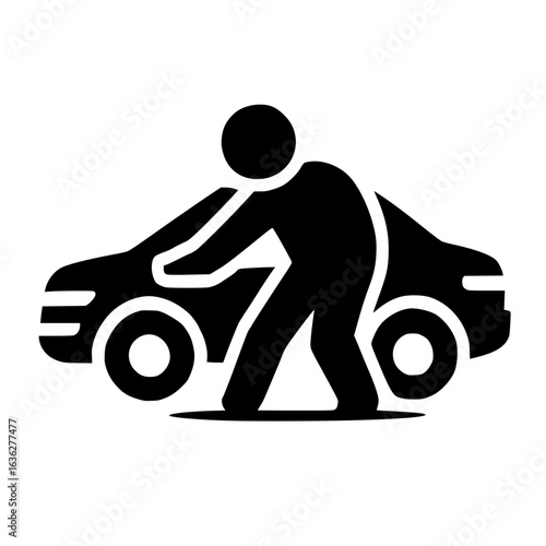 Person Pushing Car Icon – Minimalist Breakdown, Effort & Roadside Assistance Symbol