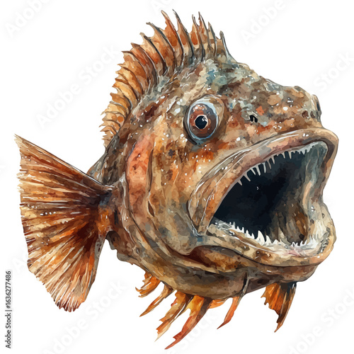 Anglerfish, watercolor painting vector, isolated on a white background.