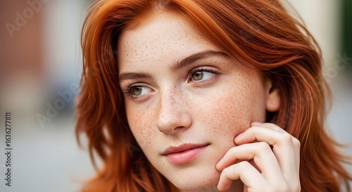 Beautiful young woman with red hair and freckles looks away