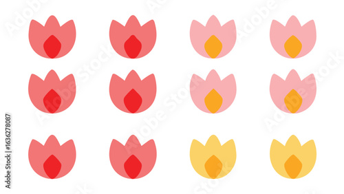 Arrangement of stylized tulip flower heads in shades of pink and yellow on a white background