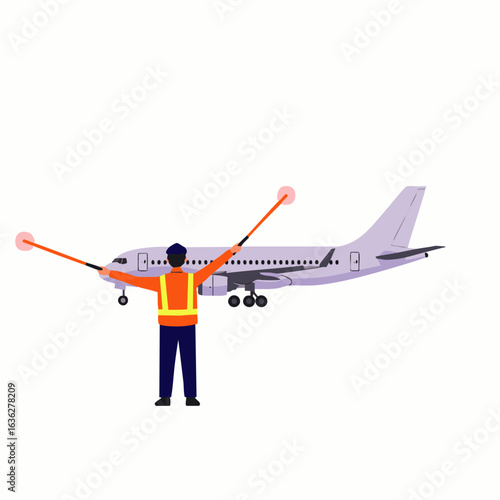 A professional airport ground marshall directs a large passenger airplane on the tarmac using light wands, symbolizing efficient and safe aviation.
