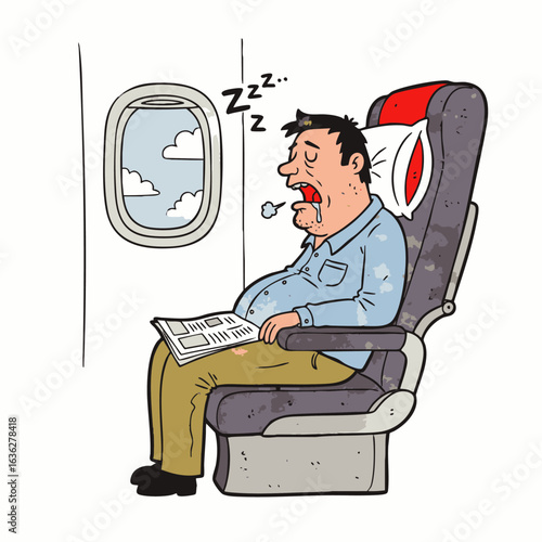 A tired male passenger is deeply asleep and drooling uncomfortably in his seat next to the window on a long airplane flight.