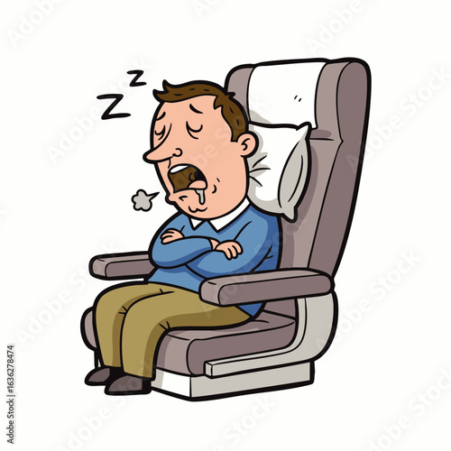 A tired cartoon man is depicted soundly asleep and drooling in a cramped airplane seat during a long, uncomfortable journey, illustrating travel fatigue.