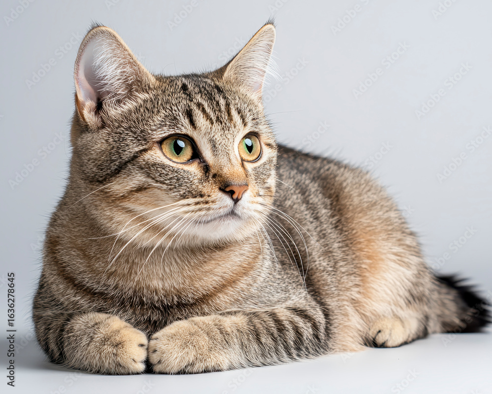 Elegant striped cat with striking green eyes, resting gracefully on neutral background. soft studio light highlights its beautiful fur and calm demeanor, creating serene atmosphere Elegant striped cat with striking green eyes, resting gracefully on neutral background. soft studio light highlights its beautiful fur and calm demeanor, creating serene atmosphere