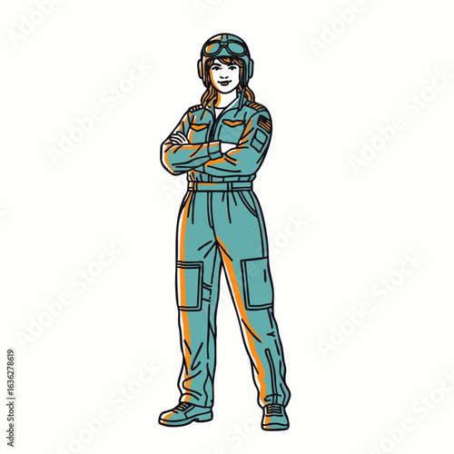 A confident female pilot stands proudly in her flight suit with arms crossed, embodying strength and professionalism in aviation.