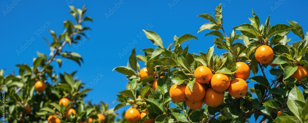 Fototapeta premium Ripe mandarins with rich green leaves on tree branches against clear blue sky. Citrus fruits, sweet produce from organic farm, perfect for juice and healthy eating. Abundant harvest, sun-ripened.