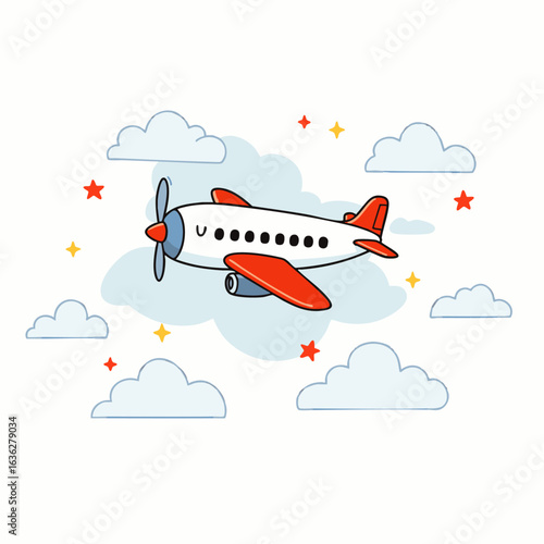 A charming cartoon airplane with a friendly smile soars gracefully through fluffy white clouds and sparkling stars in a whimsical sky.