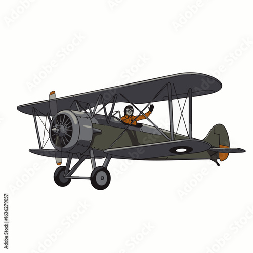 An old-fashioned biplane with an open cockpit and a waving pilot, ready for an adventurous flight, depicted as a detailed illustration.