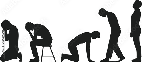 Silhouette of man showing depression, anxiety, stress, emotional pain, sitting and kneeling positions, mental health struggle, burnout, psychological suffering