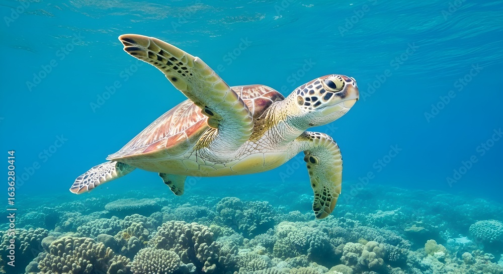 Obraz premium Green sea turtle gracefully swimming above coral reef