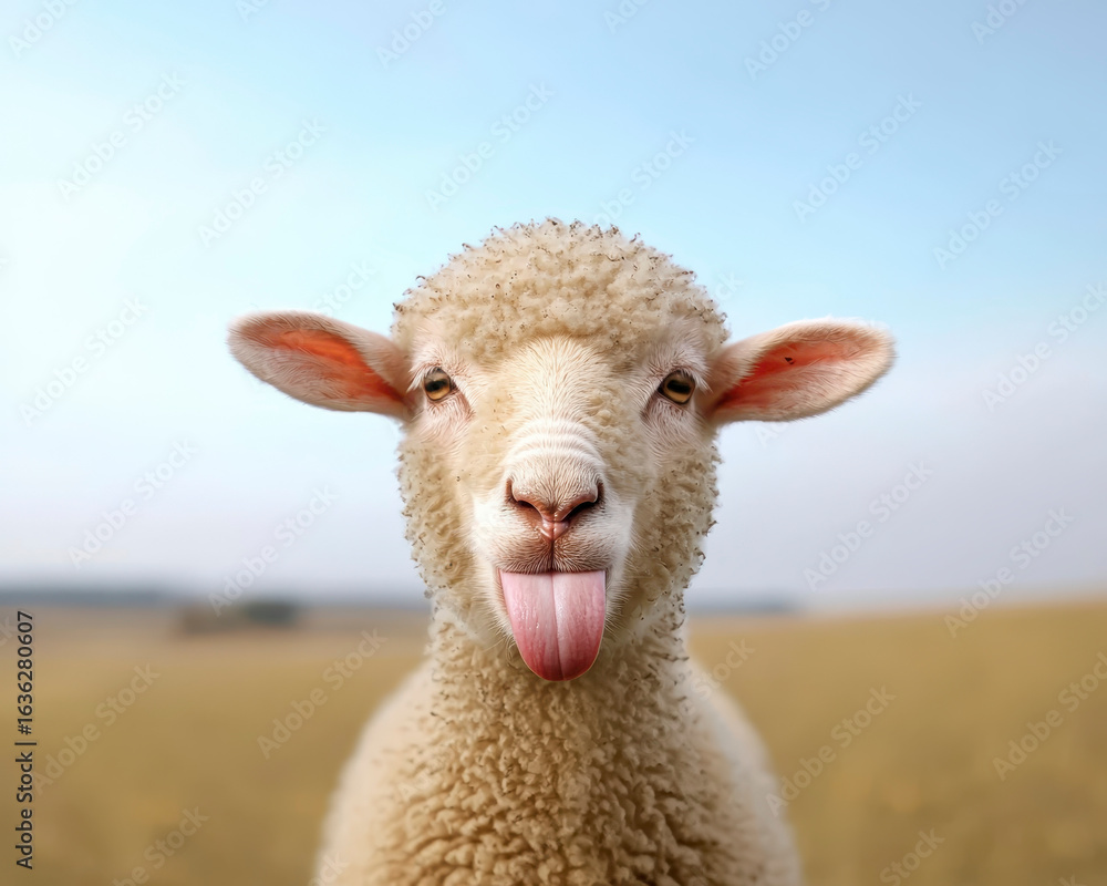 Obraz premium Funny sheep sticking out its tongue in close up portrait, showcasing its fluffy wool and playful expression against blurred background of field