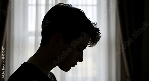 Silhouette of a young person looking down against a bright window