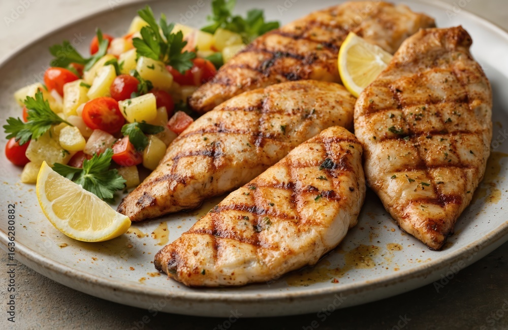 Platter of grilled chicken breast, seasoned with Cajun spices, served with fresh lemon herb potato, tomato salad. Juicy barbecued chicken features prominent grill marks. Flavorful, healthy meal Platter of grilled chicken breast, seasoned with Cajun spices, served with fresh lemon herb potato, tomato salad. Juicy barbecued chicken features prominent grill marks. Flavorful, healthy meal