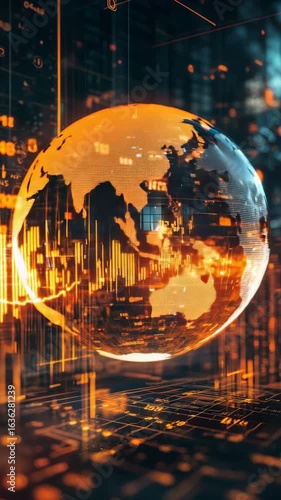 Global economy concept, a glass globe with financial charts overlaying. 1