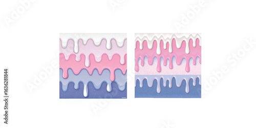 Print  Three layers of pastel colored candy or ice cream drip. Realistic 3d vector illustration of sweet dessert border with melted flowing icing. White, pink and blue liquid glaze and delicious frost