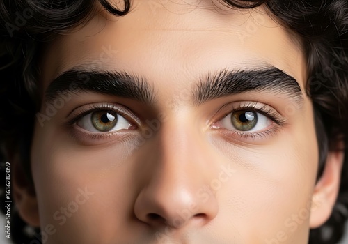 Close-up portrait of a beautiful man face with olive green eyes and dark curly hair.