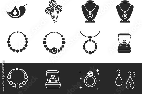 A comprehensive jewelry icon collection, featuring minimal line art and glyph styles for rings, necklaces, earrings, and luxury accessories.