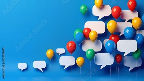 Colorful balloons and speech bubbles representing communication and social interaction