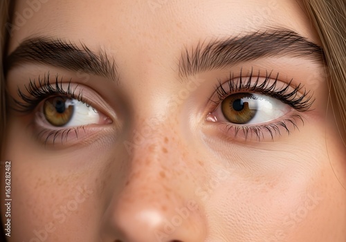 Close-up of a woman's eyes with hazel irises and freckles on her face.