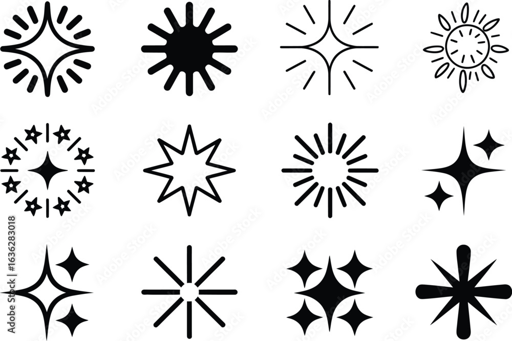 Obraz premium A collection of twelve different black and white starburst vector icons