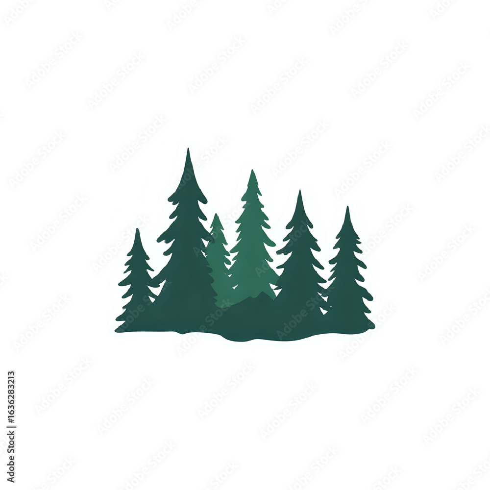 Fototapeta premium A cluster of dark green evergreen pine trees forming a forest silhouette isolated on white background