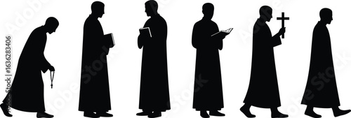 Silhouettes of priests in robe holding Bible, cross, rosary, walking and praying, Christian clergy figures, religious men vector illustration