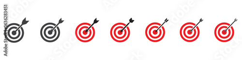 Minimalist vector illustration of red targets with black arrows on white background
