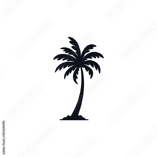 Silhouette of a classic palm tree with a curved trunk and full fronds isolated on white background