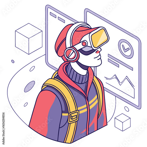 Isometric view of a man in VR headset interacting with virtual reality world