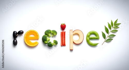 The word recipe creatively formed from fresh fruits and vegetables