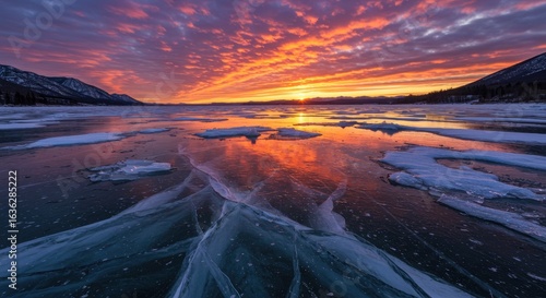 Frozen lake sunset, mountains, winter, reflection, ice, calm