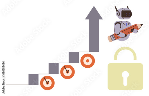Robot holding pencil near upward growth chart with target symbols and secure padlock. Ideal for technology, innovation, AI progress, business growth, cybersecurity, data analytics, secure solutions