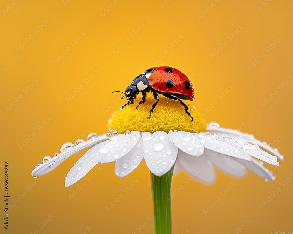Obraz premium Vibrant ladybug rests daisy petal adorned with morning dew, set against warm yellow background. This macro shot captures delicate beauty of nature, showcasing intricate details of insect