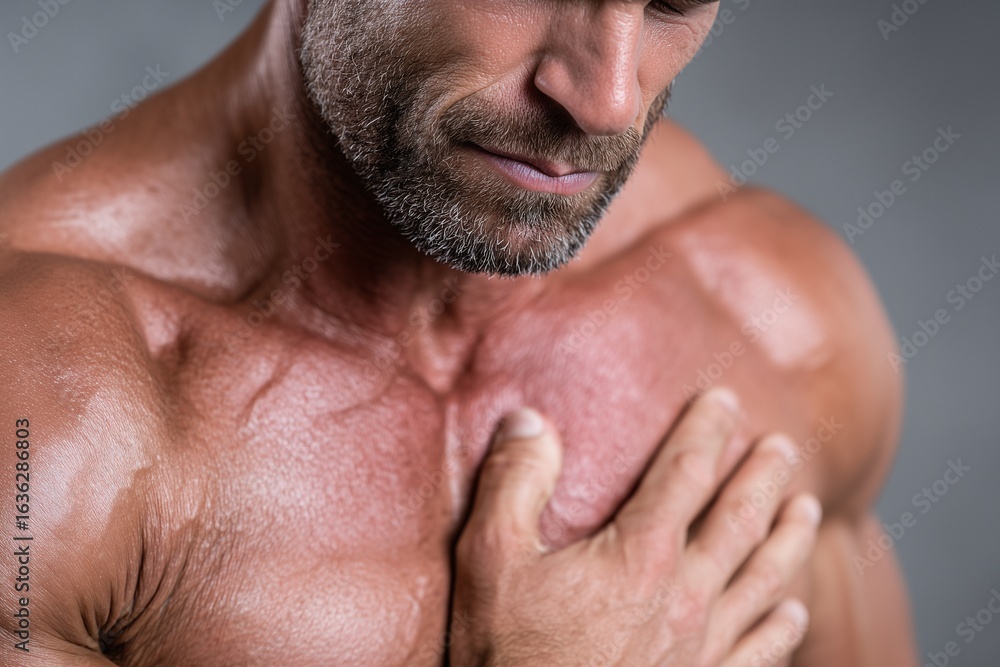 Obraz premium Closeup of muscular man clutching chest, Indication of heart attack or cardiovascular issue, Pained expression and body tension