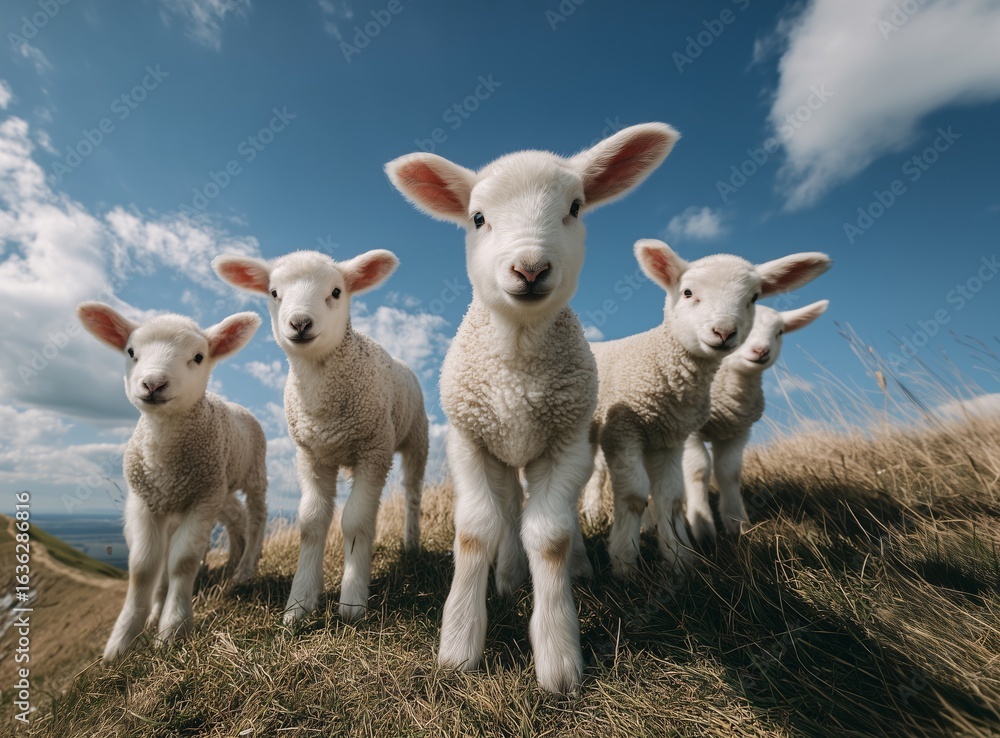 Fototapeta premium Curious lambs standing on grassy hill under blue sky, Close-up view of flock in natural daylight