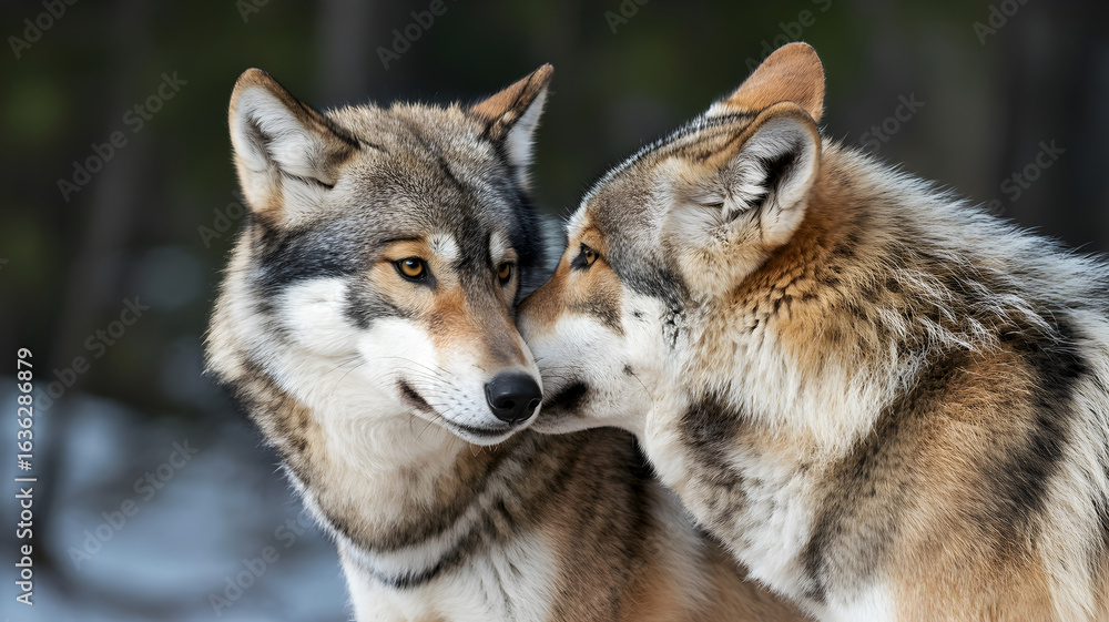 Fototapeta premium Two wolves sharing an intimate moment in a snowy forest
